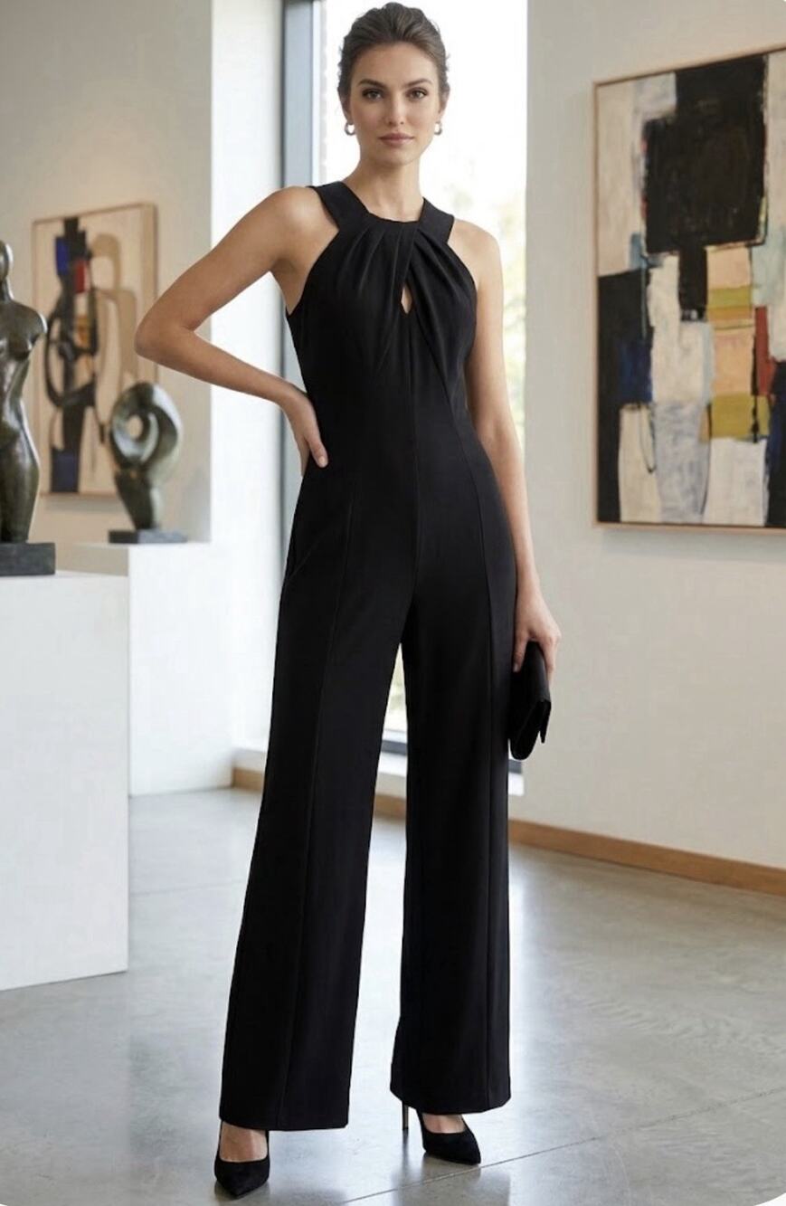 Calvin Klein Women's Black Keyhole Halter Jumpsuit Wide Leg NWT Size 6 $139